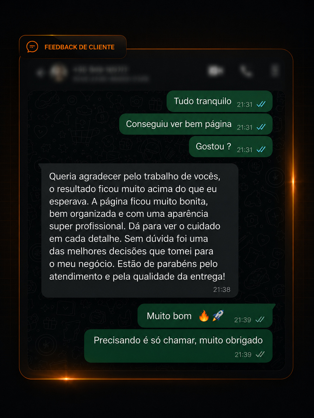 Print de conversa no WhatsApp: cliente elogia o resultado da página, dizendo que ficou muito acima do esperado