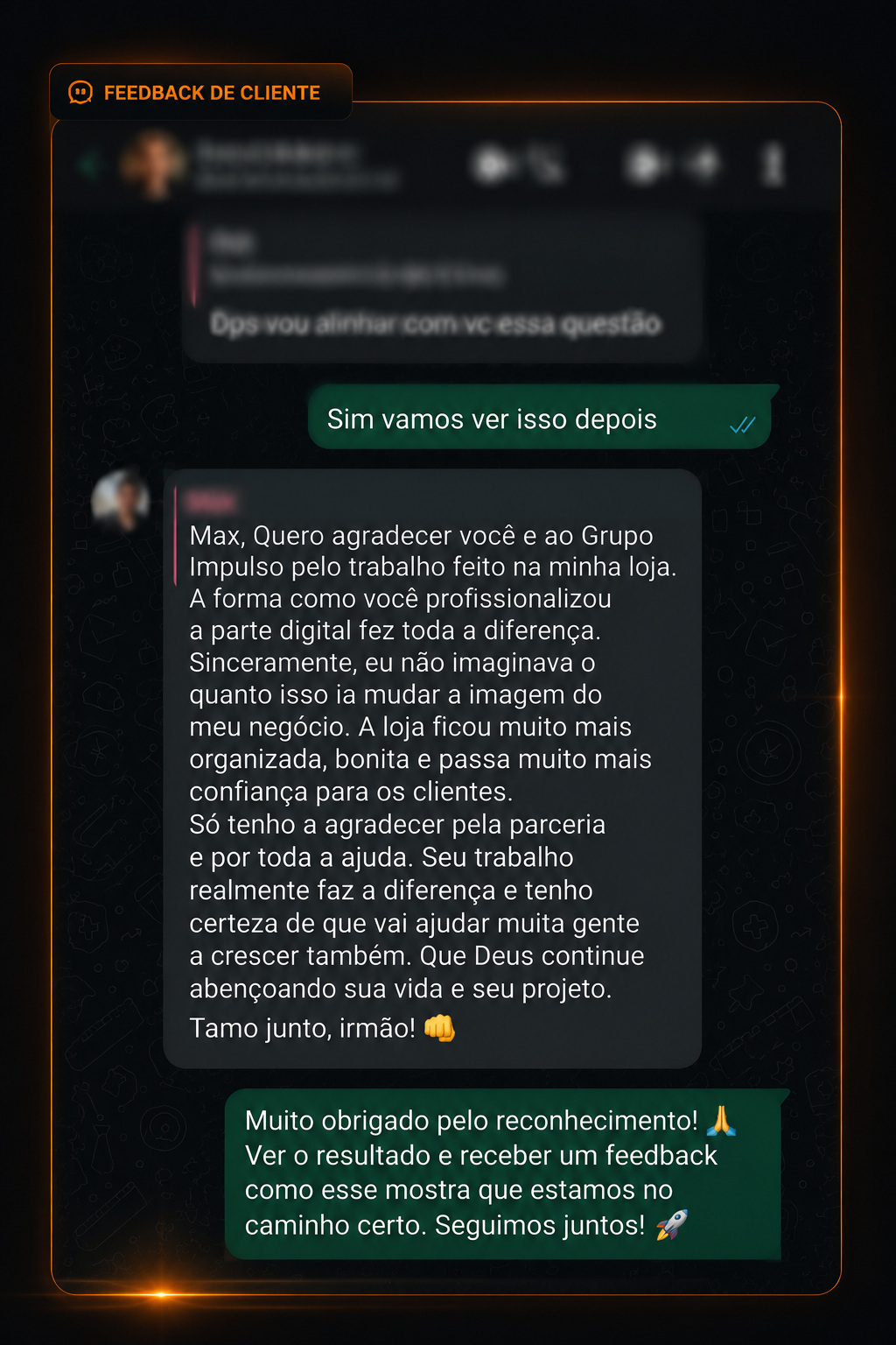 Print de conversa no WhatsApp: cliente agradece o trabalho da Grupo Impulso na profissionalização do negócio